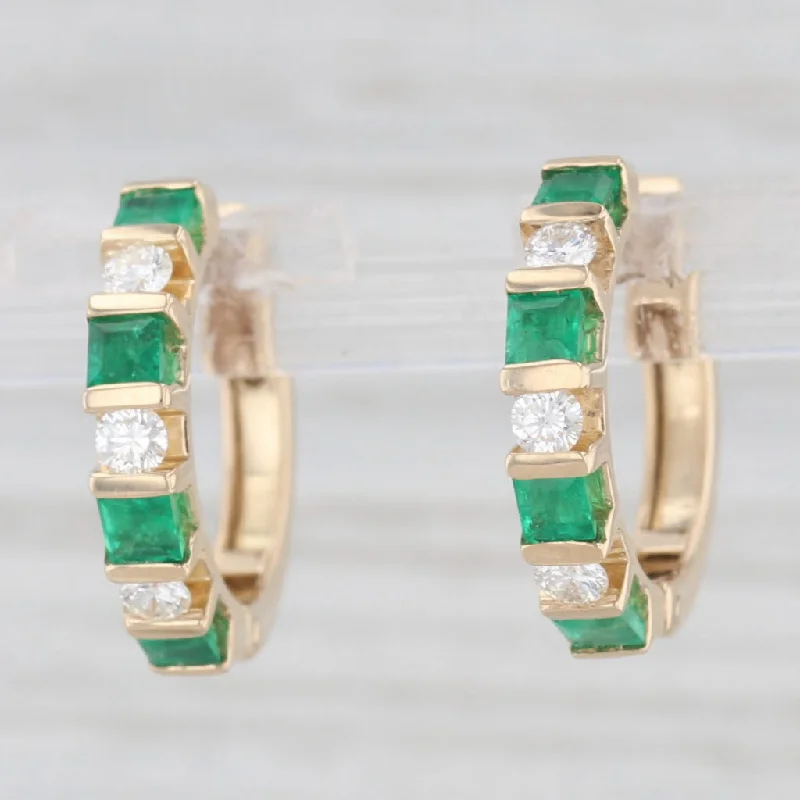 Stunning Gemstone Earrings For Elegant Parties-1.10ctw Emerald Diamond Hoop Huggie Earrings 14k Gold Snap Top Round Hoops