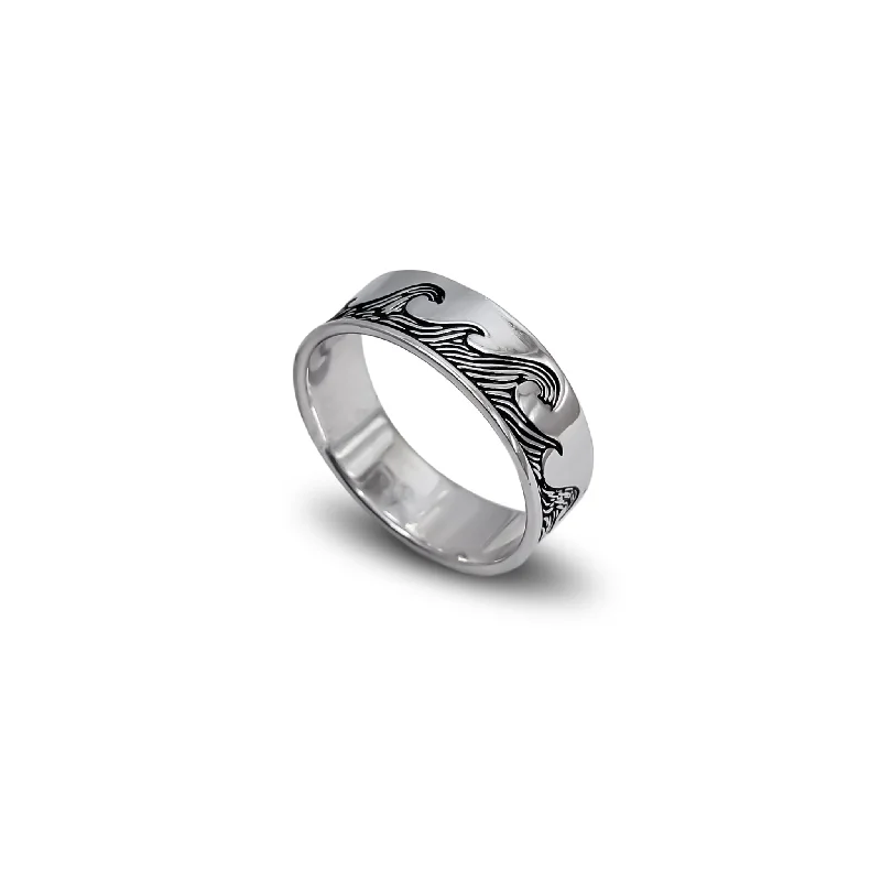 Personalized Promise Rings For Couples-Antique Finish Wave Texture Band Ring (Silver)