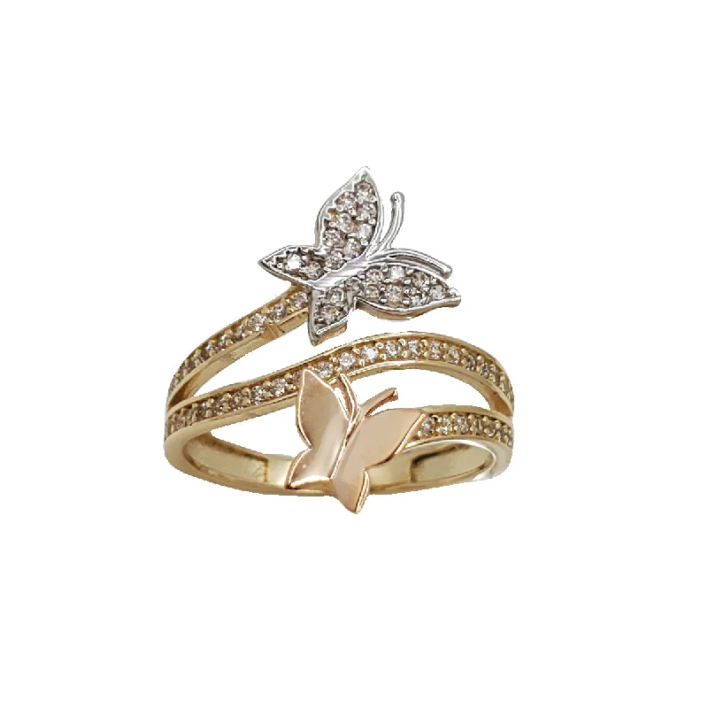 Dainty Rings For Minimalist Fashion-Zirconia Tricolor Double Butterfly Ring (14K)