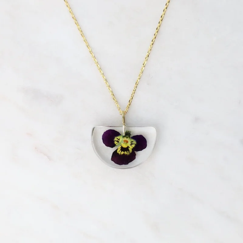 Personalized Long Necklaces For Custom Gifts-Botanical Small Half Moon Purple Viola Flower Necklace