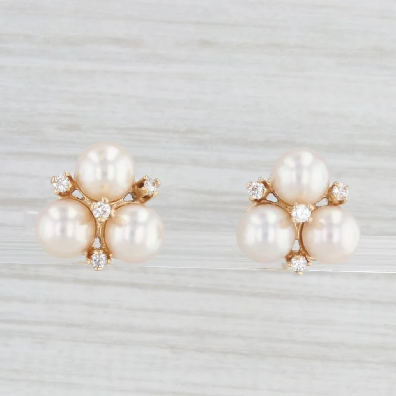 Glamorous Crystal Earrings For Brides-Cultured Pearl Cubic Zirconia Cluster Stud Earrings 14k Yellow Gold