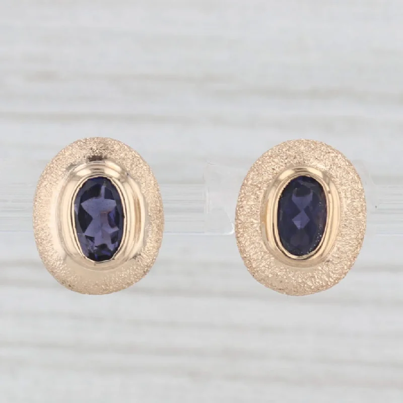 Beautiful Drop Earrings For Parties-0.75ctw Oval Blue Iolite Stud Earrings 14k Yellow Gold