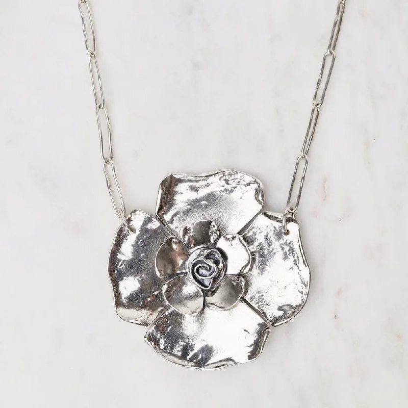 Statement Moon Necklaces For Bold Fashion-Large Petal Rose on Long Oval Chain Necklace