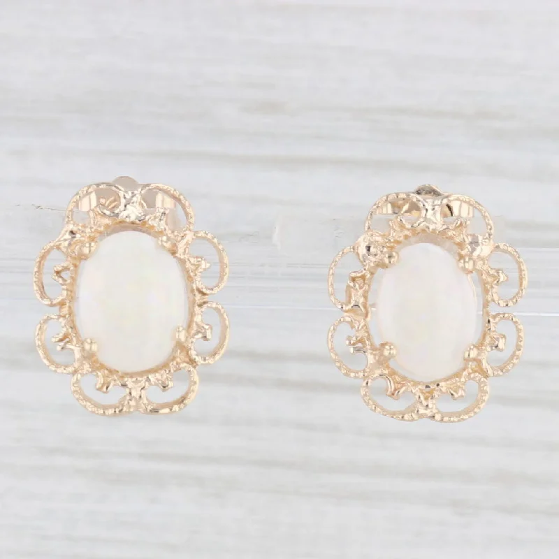 Silver Earrings For Formal Events-Oval Cabochon Solitaire Opal Stud Earrings 14k Yellow Gold Filigree