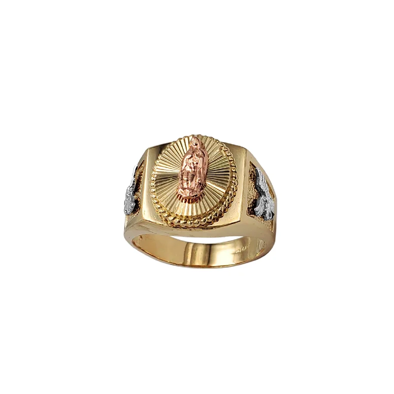 Men’s Personalized Rings For Custom Jewelry-Tricolor Halo Virgin Mary & Eagle Men's Ring (14K)