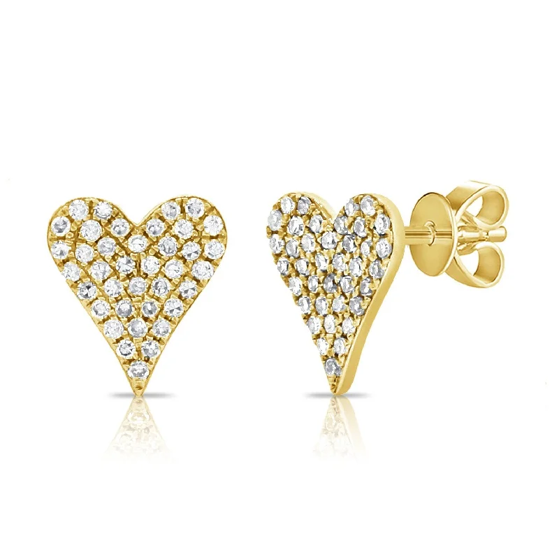 Handmade Earrings For Vintage Style-14K Yellow Gold Diamond Pave Heart Stud Earrings