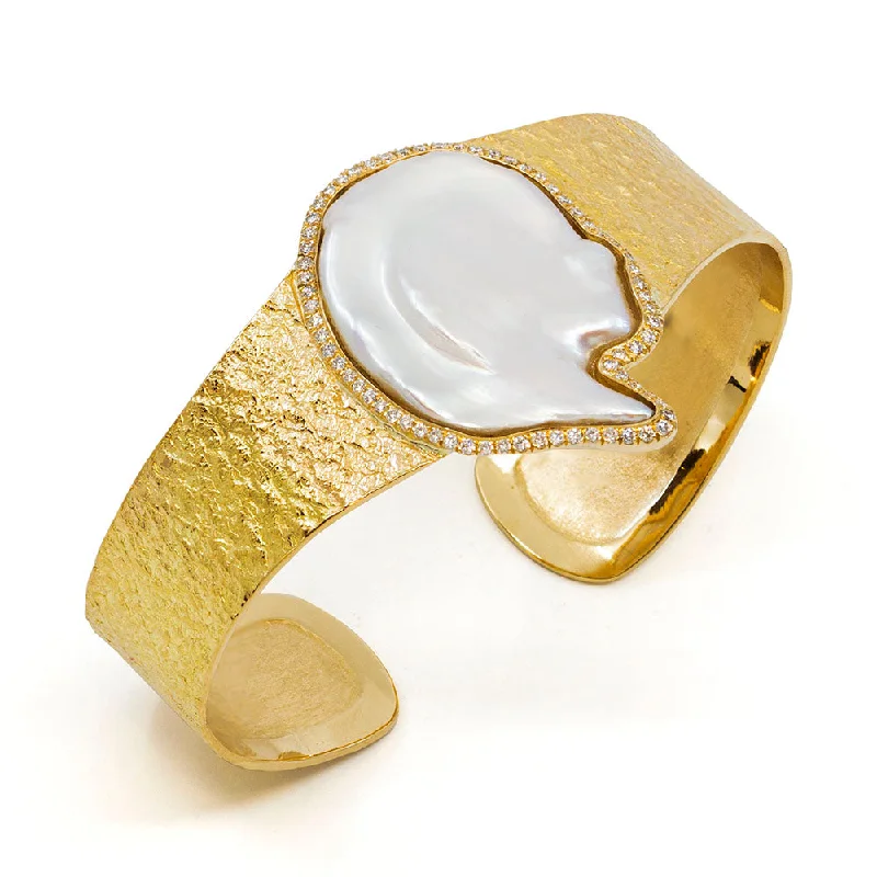 Bracelets For Men-Earthy Textured Gold Cuff Bracelet with a Freshwater Keshi Pearl & Diamonds