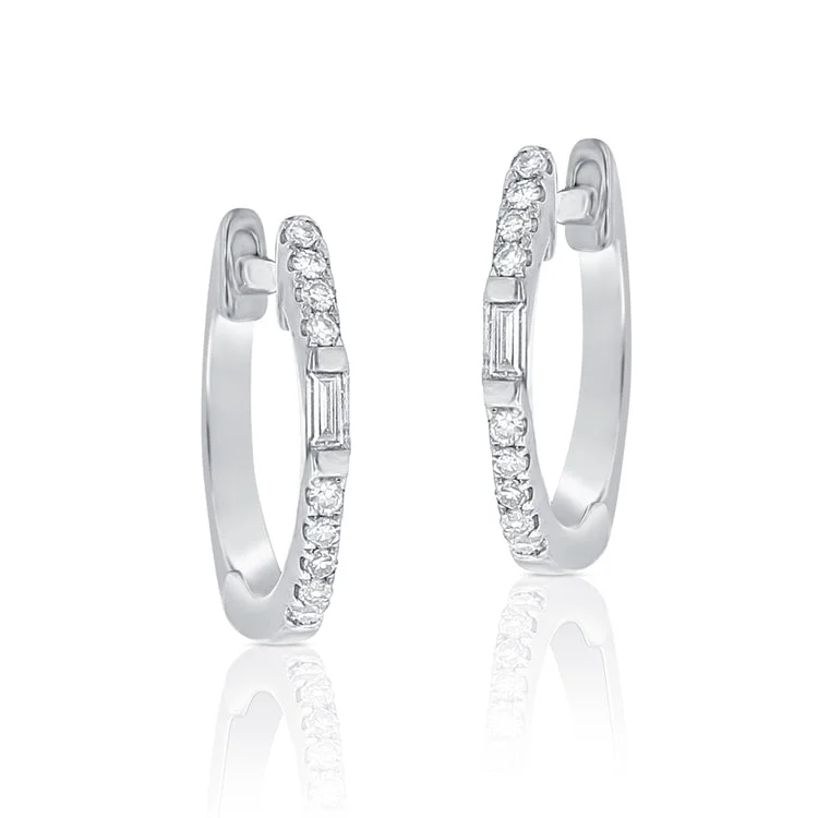 Elegant Gold Drop Earrings For Weddings-14K White Gold Round and Baguette Diamond Huggie Earrings