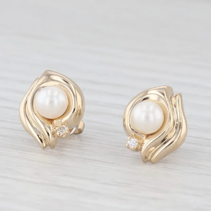 Personalized Gemstone Earrings For Custom Gifts-Cultured Pearl Diamond Stud Earrings 14k Yellow Gold