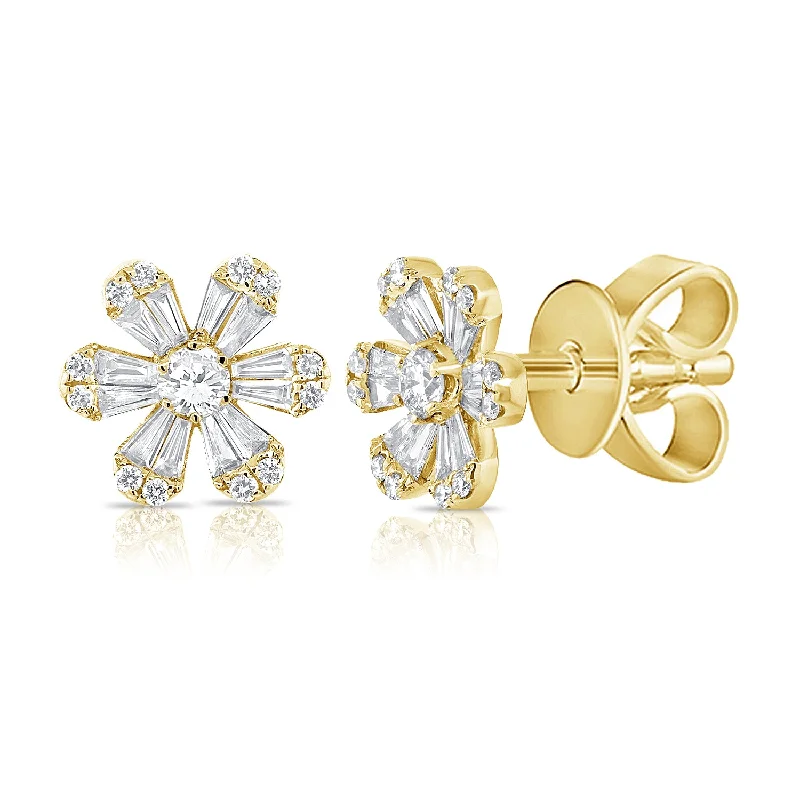 Sleek Gold Earrings For Classy Looks-14K Yellow Gold Diamond Flower Stud Earrings