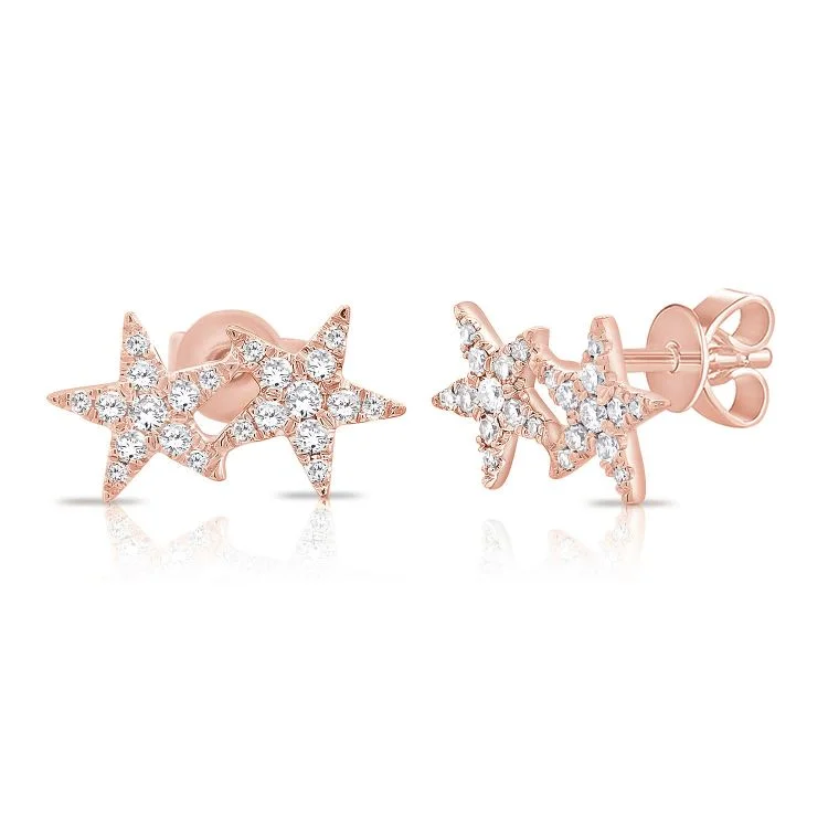 Gemstone Earrings For Vibrant Styles-14K Rose Diamond Double Star Earrings