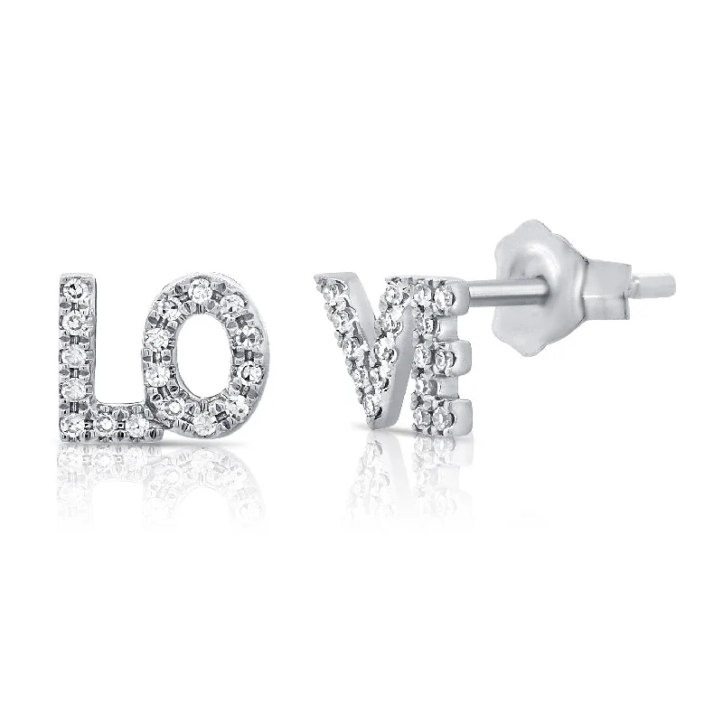 Round Hoop Earrings For Fashionistas-14K White Gold Diamond "Love" Stud Earrings