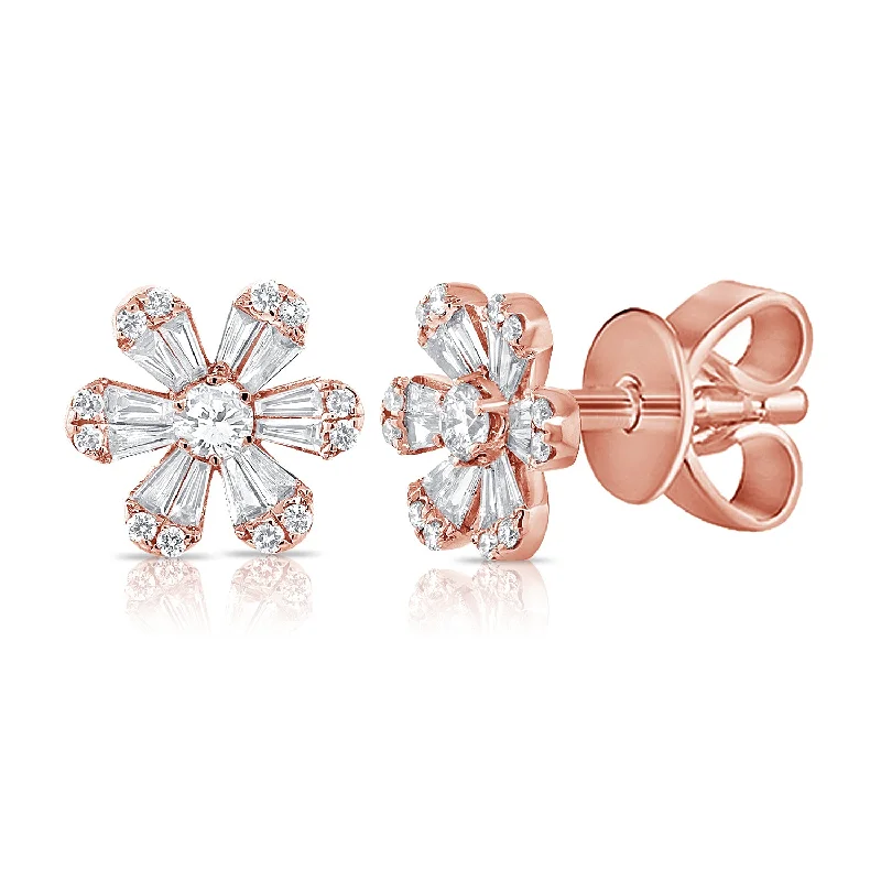 Sterling Silver Hoop Earrings-14K Rose Gold Diamond Flower Stud Earrings