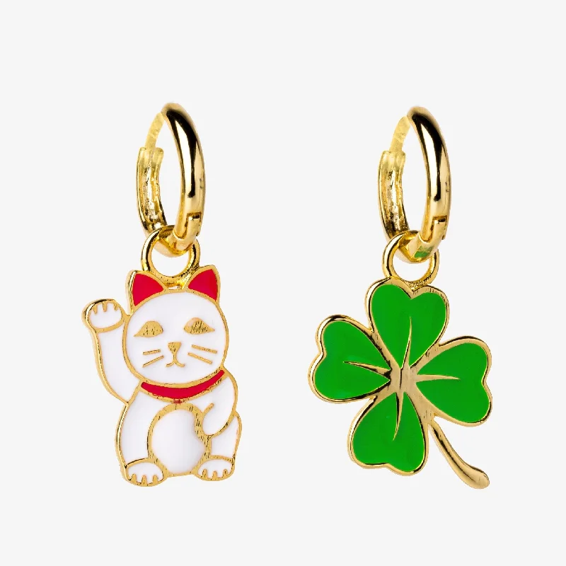 Statement Hoop Earrings For Casual Wear-Lucky Cat & Clover Hoop Earrings