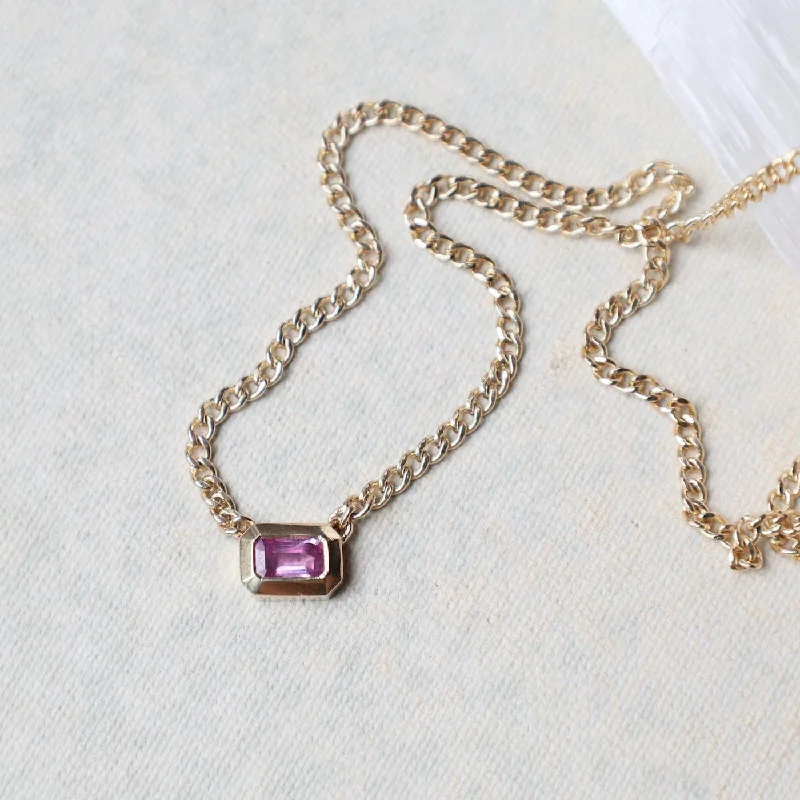 Trendy Multi-Color Necklaces For Fashion Enthusiasts-14k Emerald Cut Pink Sapphire Bezel Curb Chain Necklace