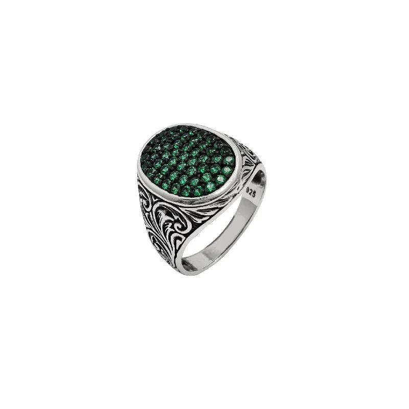 Classic Wedding Bands For Minimalist Brides-Green Zirconia Pave Antique-Finish Oval Signet Ring (Silver)