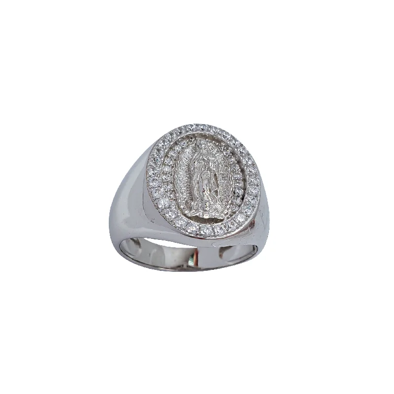 Bold Silver Engagement Rings For Brides-Cubic Zirconia Oval Signet Virgin Mary Ring (Silver)