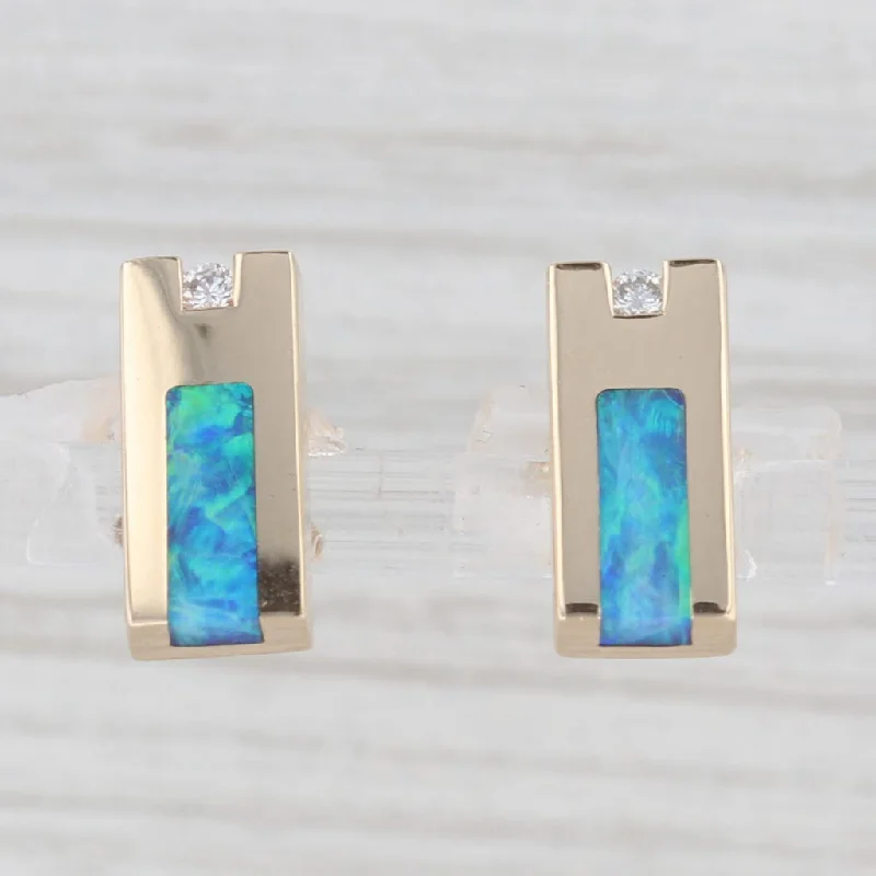 Stunning Drop Earrings For Evening Wear-Blue Green Opal Inlay Diamond Stud Earrings 14k Yellow Gold