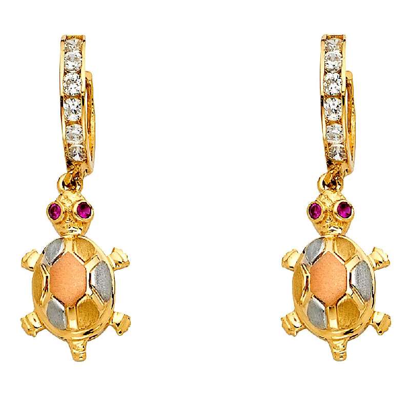 Sparkling Earrings For New Year’s Eve-14K Tri-Color Gold CZ Turtle Hanging Earrings