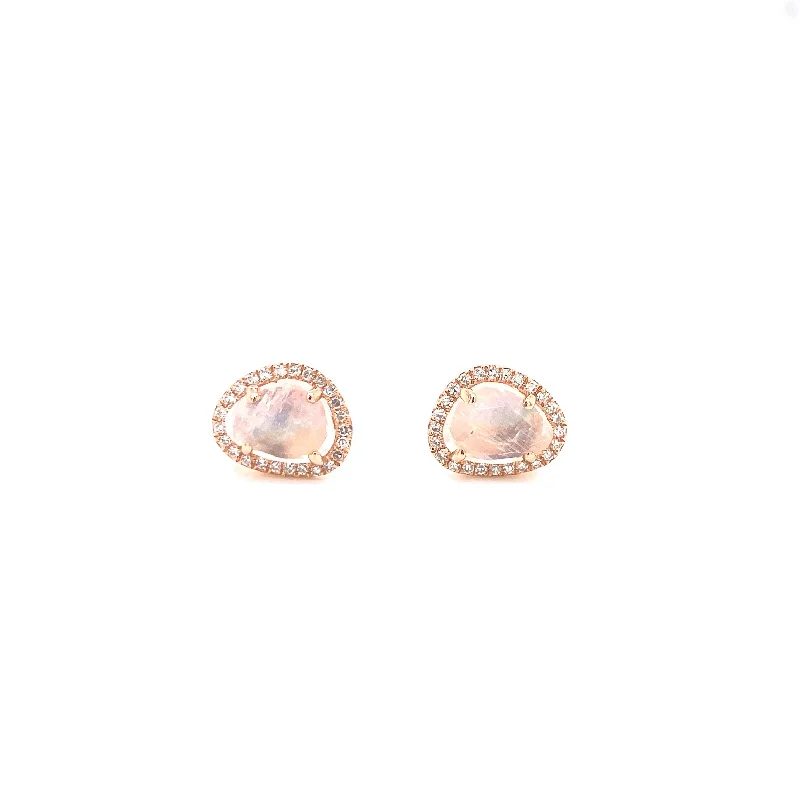 Stunning Drop Earrings For Evening Wear-14K Rose Gold Round Diamond + Moonstone Freeform Stud Earrings