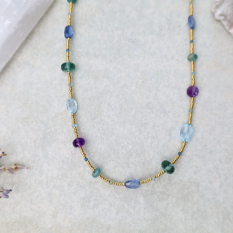 Sparkling Pendant Necklaces For Evening Fashion-Gold glass, Amethyst, Grandidierite, & Blue Gemstone Necklace