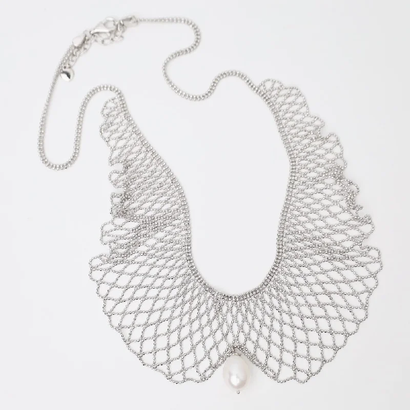 Long Dainty Necklaces For Subtle Elegance-Sterling Draped Lace Collar Necklace with Center Pearl Drop