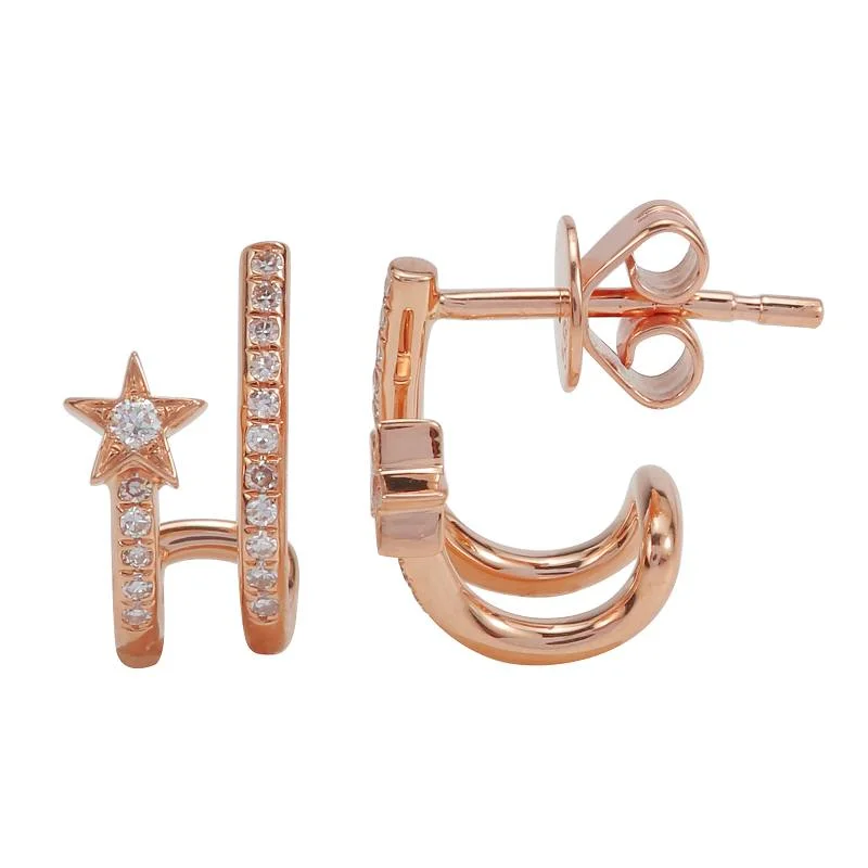 Trendy Crystal Earrings For Holiday Wear-14K Rose Gold Diamond Star Huggie Earrings