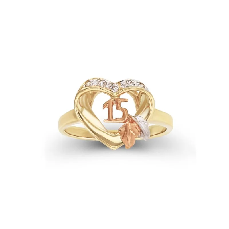 Unique Wedding Bands For Men-Tri-Color Quinceañera Heart Shape Ring (14K)