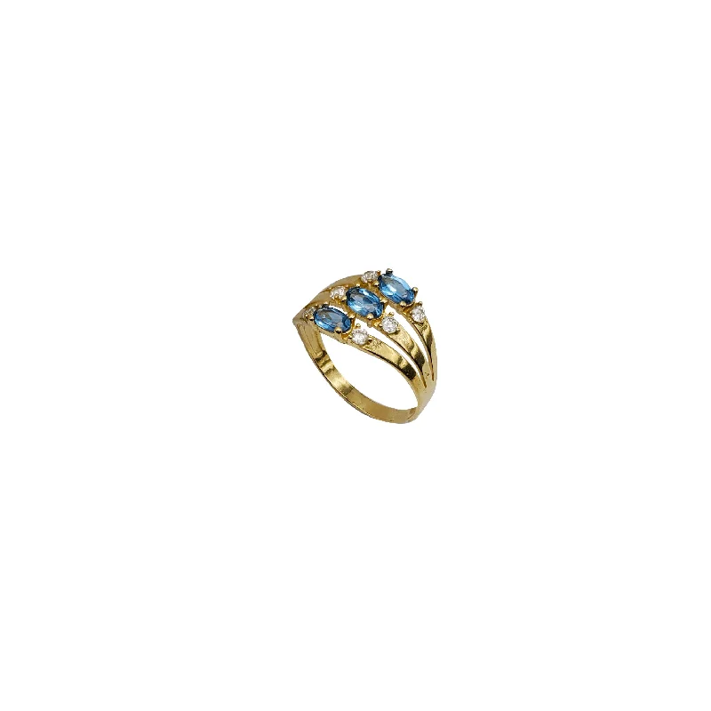 Gold Band Rings For Weddings-3-Row Pleated Blue Oval Stone Ring (14K)