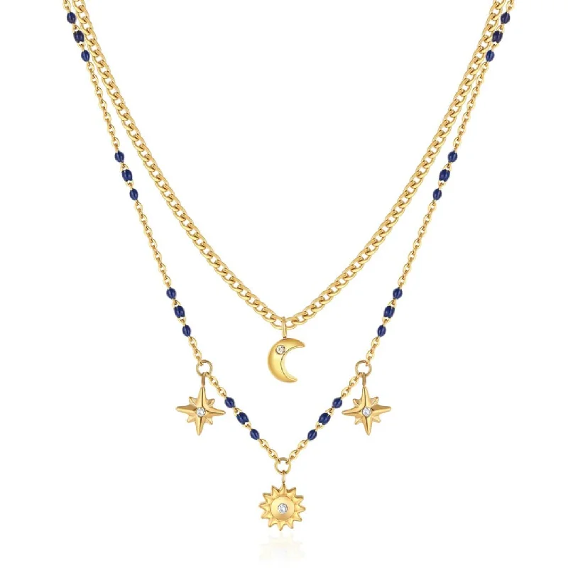 Beautiful Long Pendant Necklaces For Fashionistas-Gold Finish Stainless Steel Double Chain Necklace with Blue Enamel & Charms