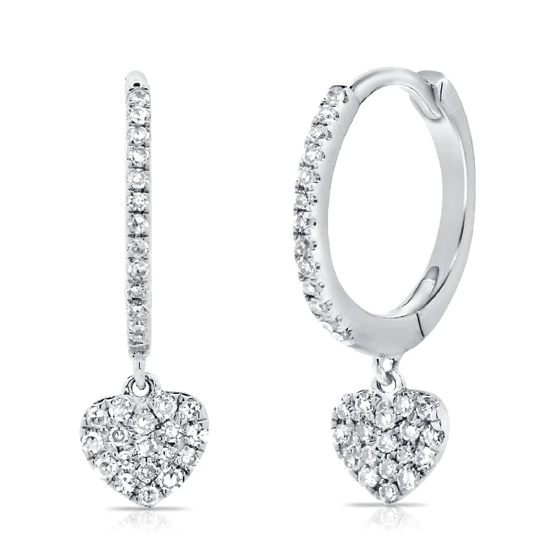 Sparkling Stud Earrings For Evening Glam-14K White Gold Diamond Dangling Heart Earrings