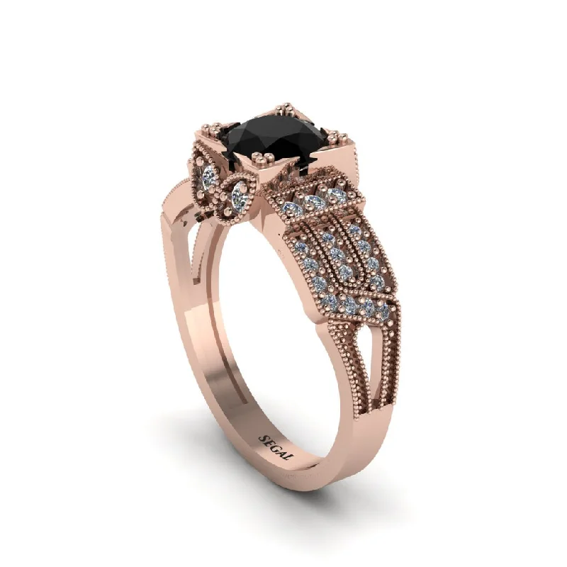 Fashionable Stackable Silver Rings For Trendy Looks-Black Diamond Milgrain Gold Engagement Ring - Lyric No. 8