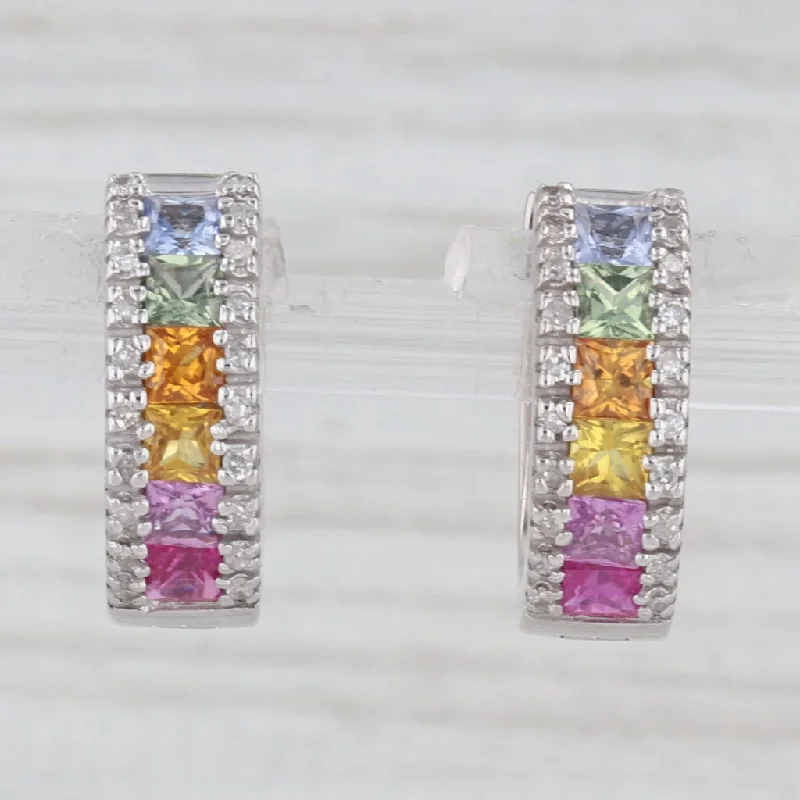 Sparkling Crystal Earrings For New Year-1.42ctw Diamond Multicolor Sapphire Hoop Huggie Earrings 14k White Gold Hoops