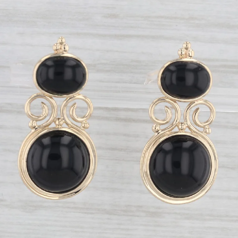 Luxury Drop Earrings For Wedding Day-Black Onyx Drop Earrings 14k Yellow Gold Vintage