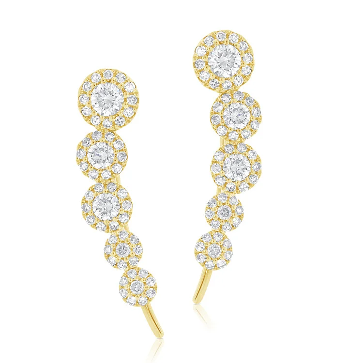 Elegant Dangle Earrings For Bridal Look-14K Yellow Gold Diamond Five Halo Ear Climber Earrings