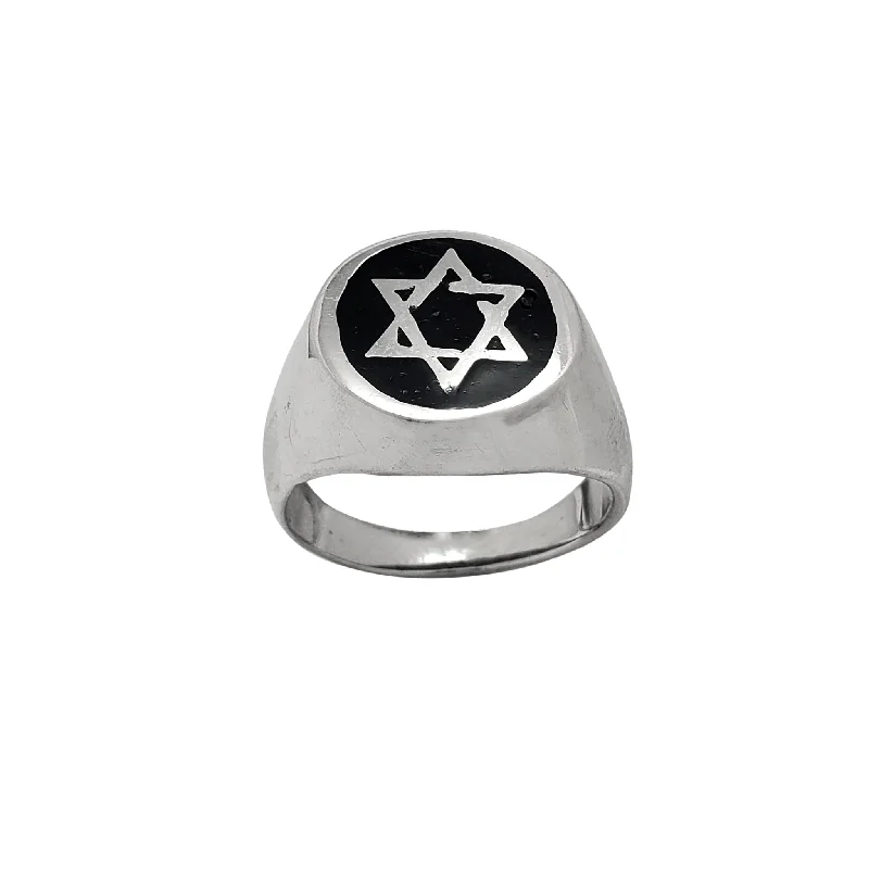 Vintage Gemstone Engagement Rings For Brides-Black Enamel Star of David Signet Ring (Silver)