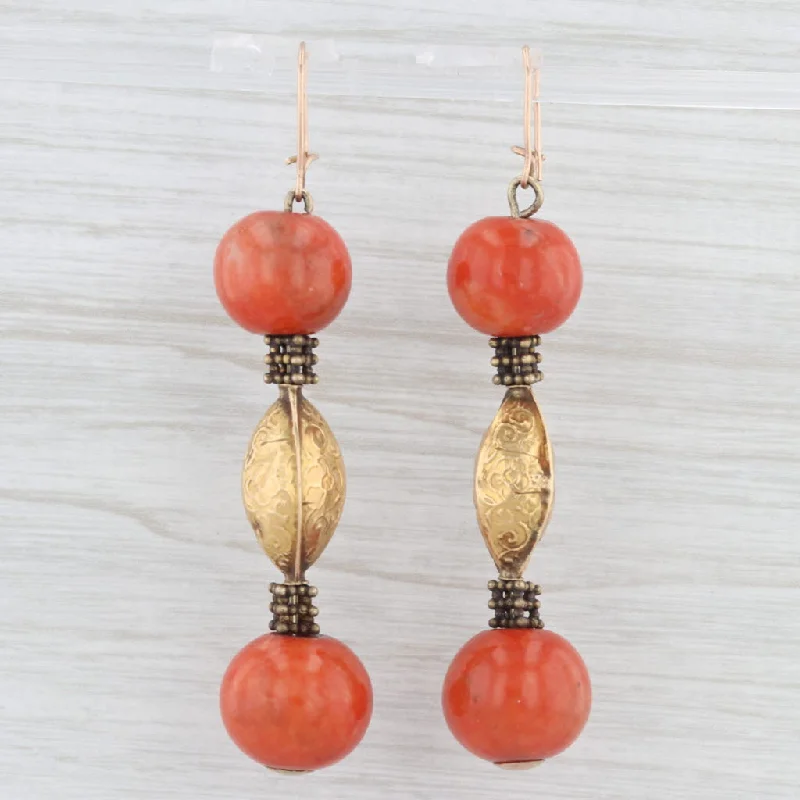 Dazzling Drop Earrings For Special Occasions-Antique Coral Bead Dangle Earrings 18k Gold Ornate Floral Drops Hook Posts