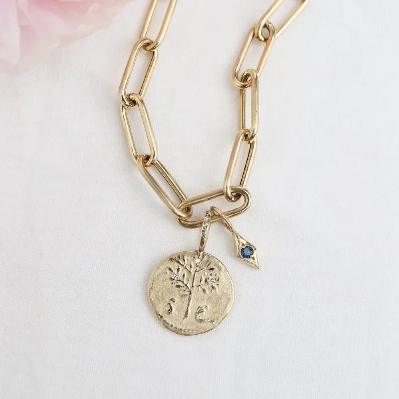 Classic Gold Charm Necklaces For Timeless Jewelry-The Olive Tree Peace Artifact Necklace 14k Gold & Montana Sapphire