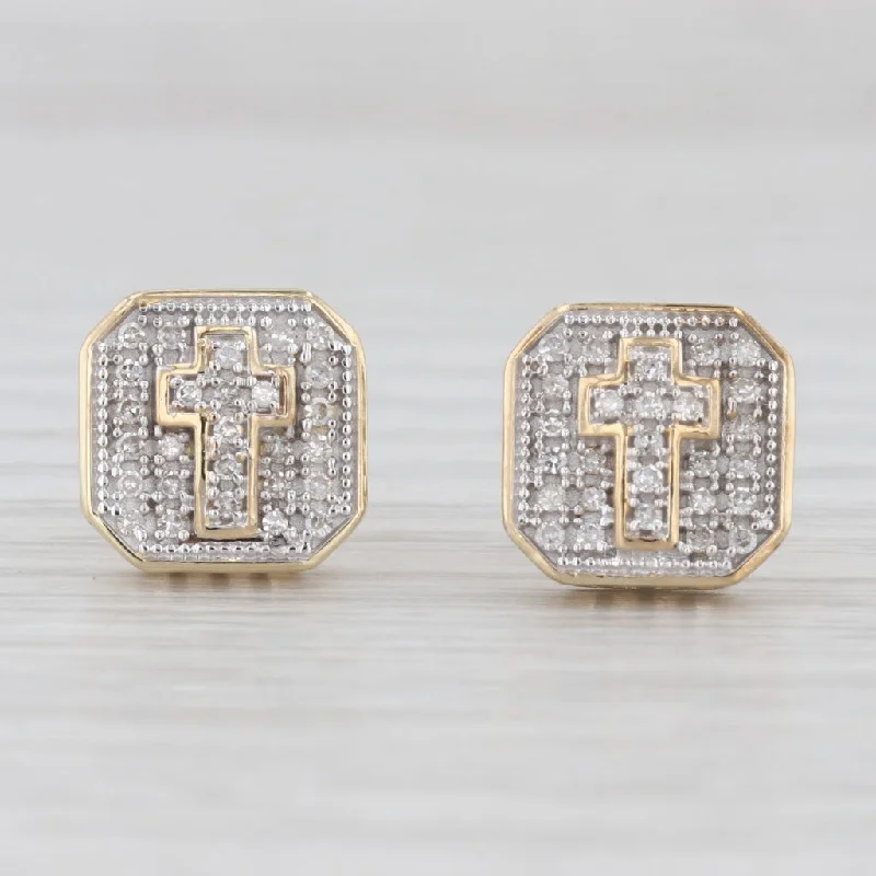 Elegant Drop Earrings For Weddings-0.15ctw Pave Diamond Cross Stud Earrings 10k Yellow White Gold