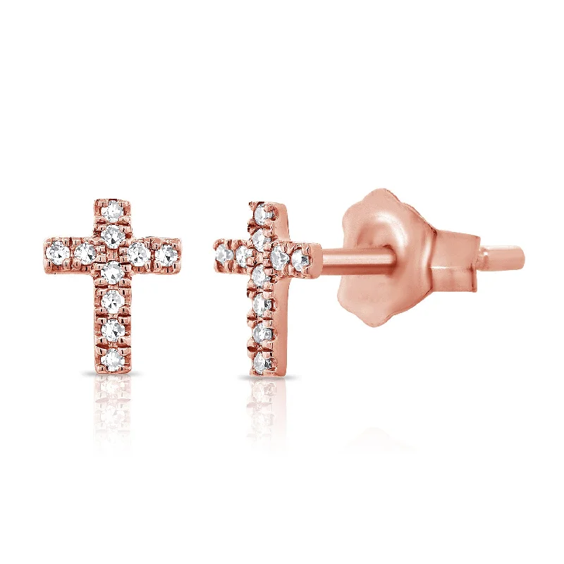 Classy Stud Earrings For Office Wear-14K Rose Gold Diamond Cross Stud Earrings