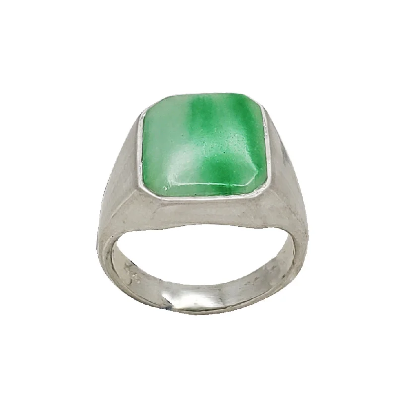 Classic Birthstone Wedding Rings For Couples-Jade Square Signet Ring (Silver)