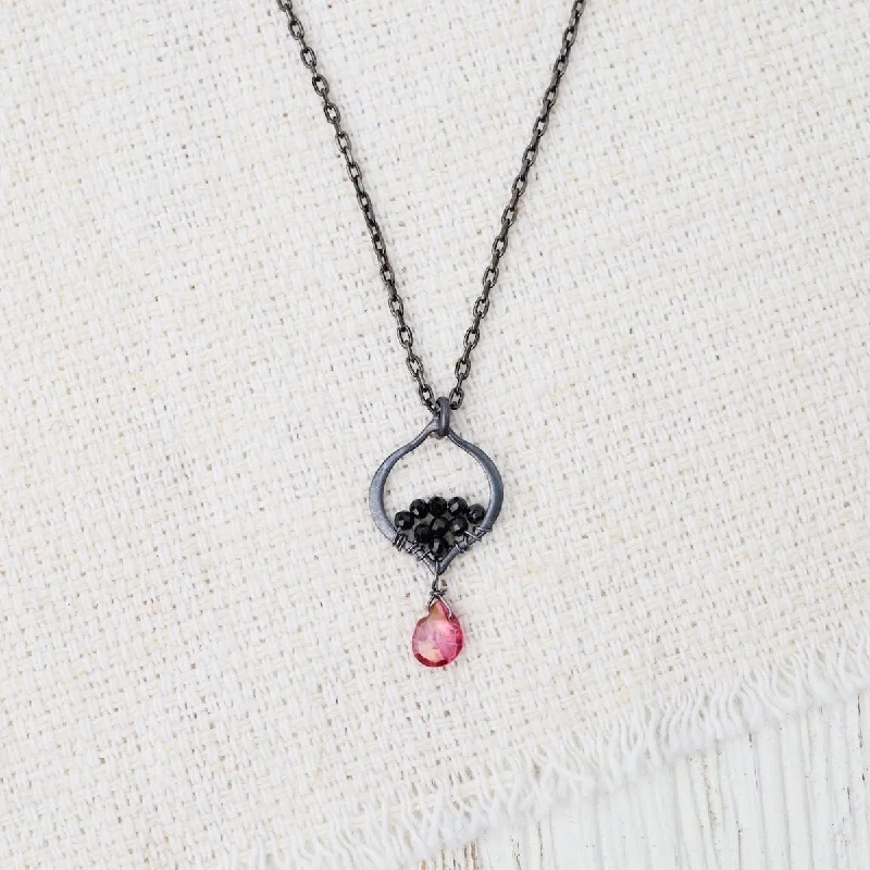 Elegant Layered Necklaces For Special Events-Tiny Oxidized Silver Arabesque Necklace in Pink Quartz