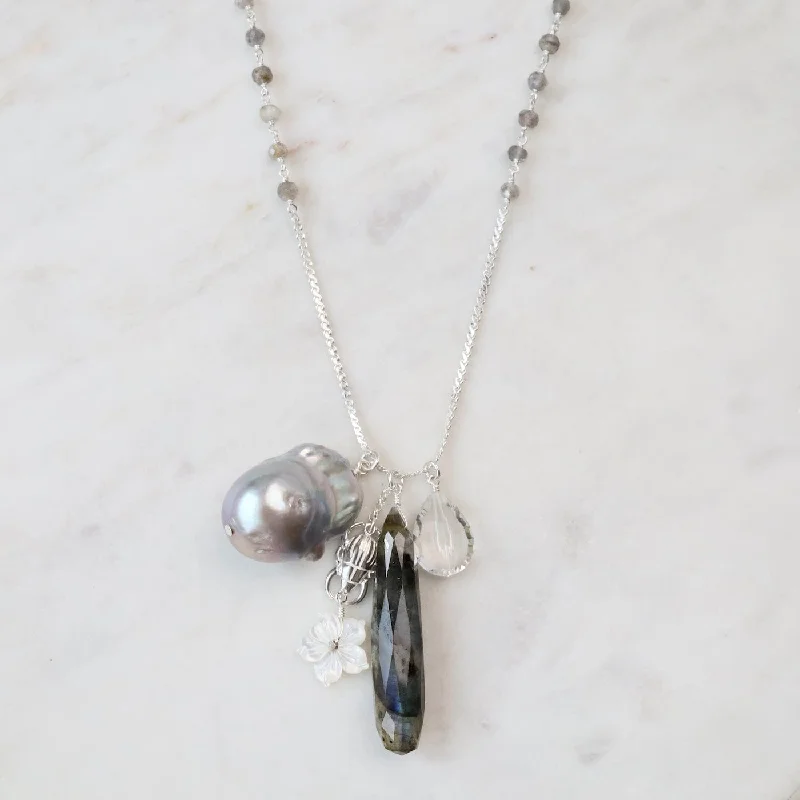 Elegant Multi-Layered Necklaces For Fashionistas-Long Labradorite & Pearl Charm Necklace