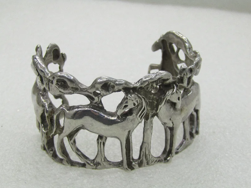 Bracelets For Evening Parties-Vintage Sterling Silver Horse & Trees Cuff Bracelet, 6.5", Appx. 63.50 gr.