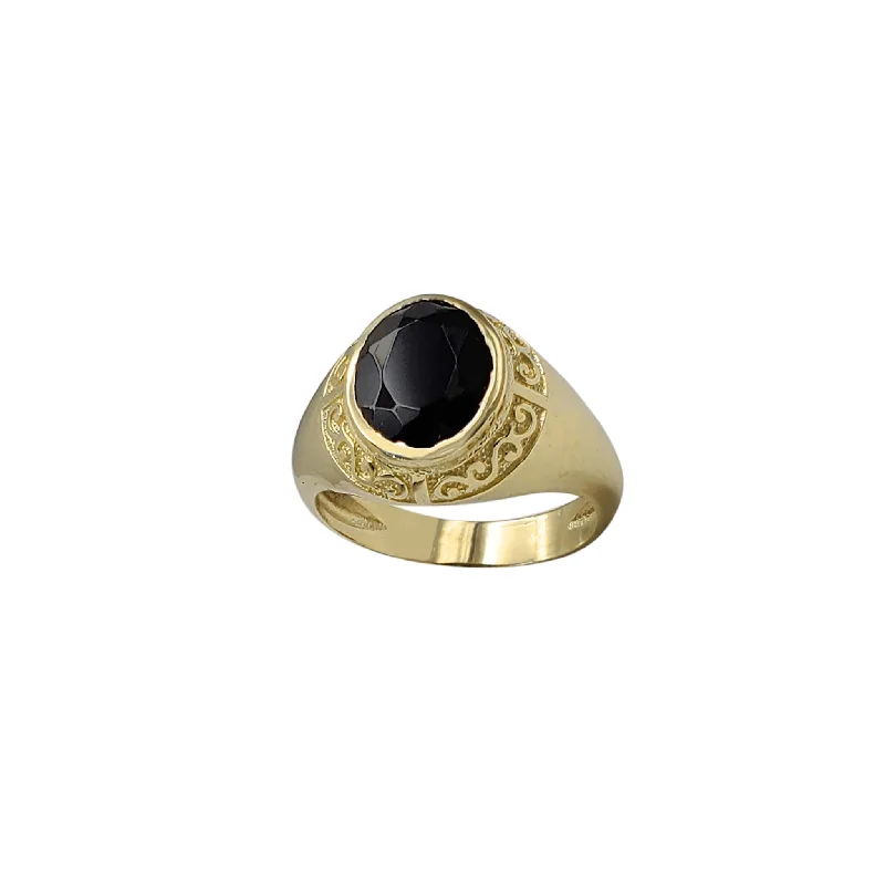 Custom Gold Rings For Meaningful Gifts-Oval Black Onyx Filigree Texture Signet Ring (14K)