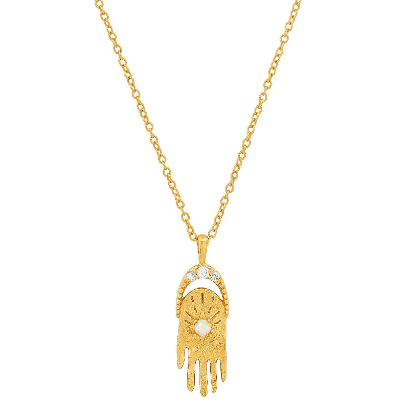 Custom Long Gold Necklaces For Unique Gifts-Hamsa Necklace with CZ and Opal Accents