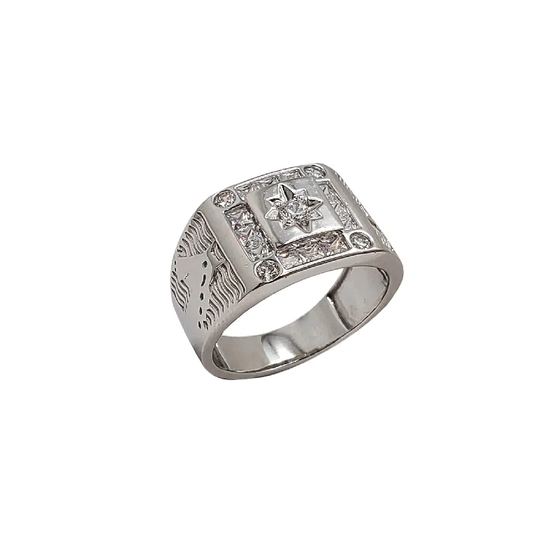 Men’s Silver Rings For Everyday Wear-Zirconia Horsehead & North Star Signet Ring (Silver)