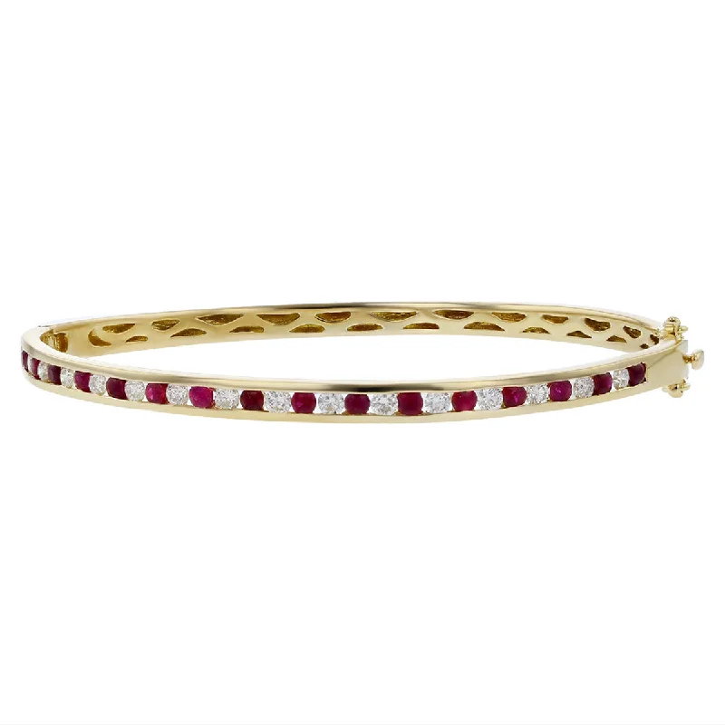 Bangles For Family Gatherings-14K Yellow Gold Ruby and Diamond Bangle Bracelet