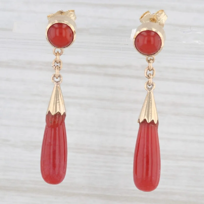 Statement Earrings For Bold Fashion Choices-Red Coral Drop Earrings 10k Yellow Gold Pierced Dangles