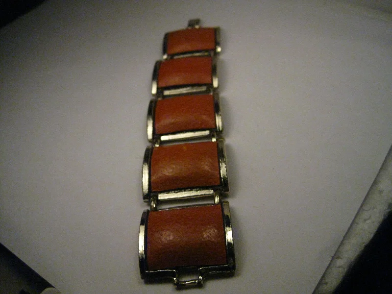 Bracelets With Personalized Names-Vintage Gold Tone Wide Burnt Orange Leather Link Bracelet, 1970's, 7" - Boho Appeal Too!